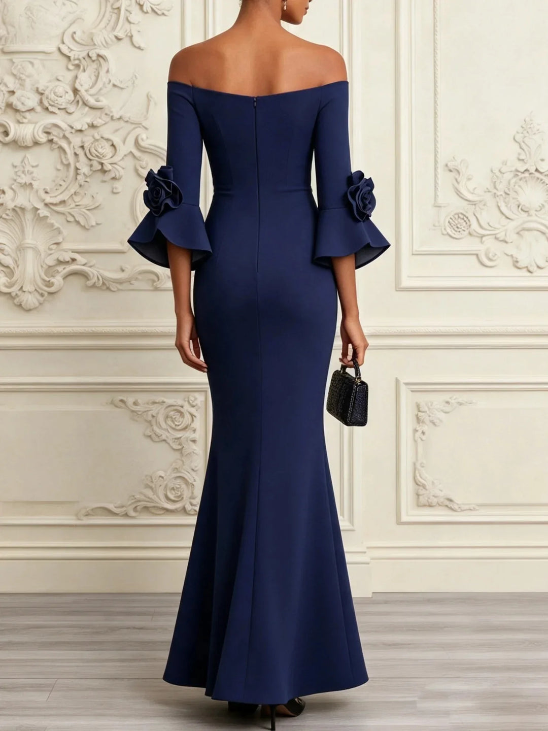 ELENA | NAVY 3D FLORAL MERMAID MAXI DRESS