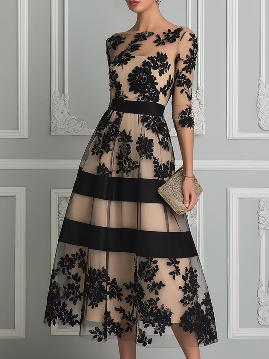 Elegant Black Lace A-Line Midi Dress