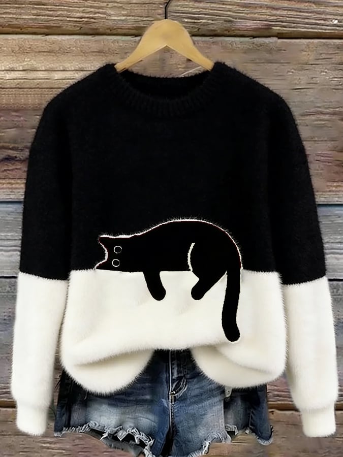 Women's Elegant Cat Print Sweater