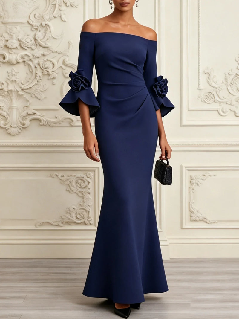 ELENA | ROBE MAXI MERMAID FLEURIE 3D MARINE