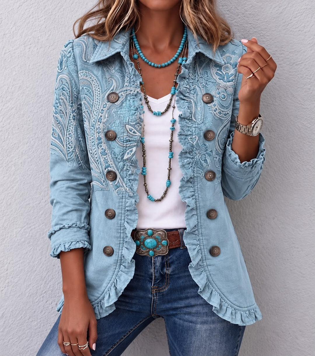 Kamberly™ | Boho-Chic Floral Embroidered Ruffle Utility Jacket