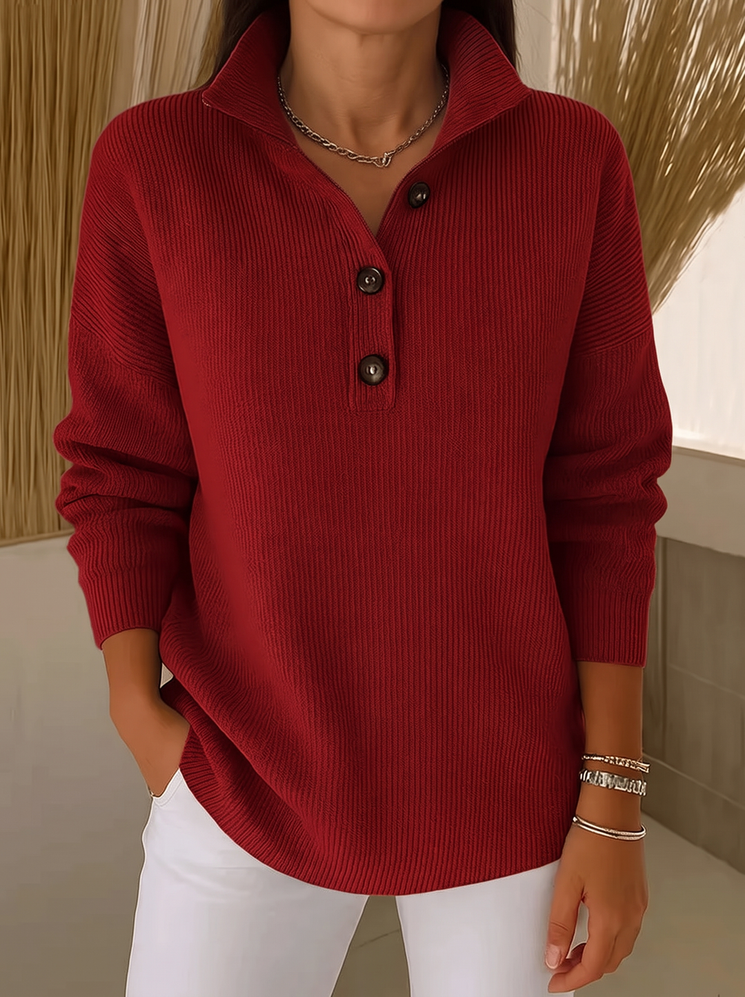 Women's Ribbed V-Neck Polo Sweater