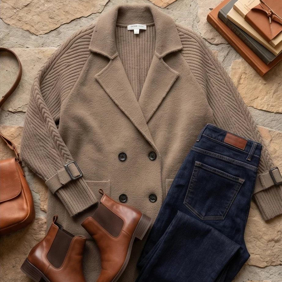 Women's Long Wrap Coat with Knit Sleeves